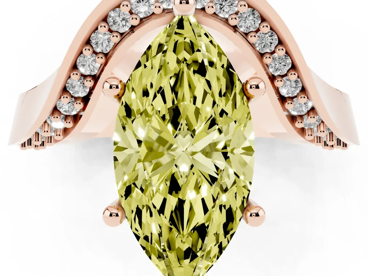 Fancy Yellow Marquise Cut Solitaire Diamond Engagement Ring with Pave Band and Four-Prong Setting Rose gold