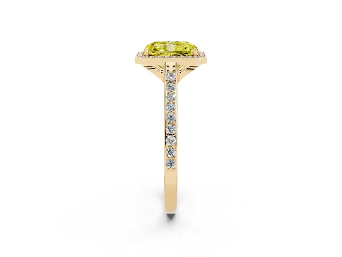 Fancy Yellow Radiant Cut Diamond Halo Engagement Ring with Round Pavé Shoulders and Prong Setting Yellow gold