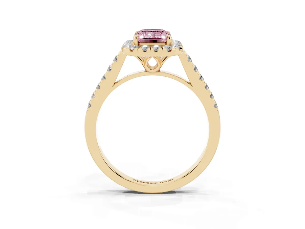 Fancy Pink Emerald Cut Halo Pavé Diamond Engagement Ring with Four-Prong Setting Yellow gold