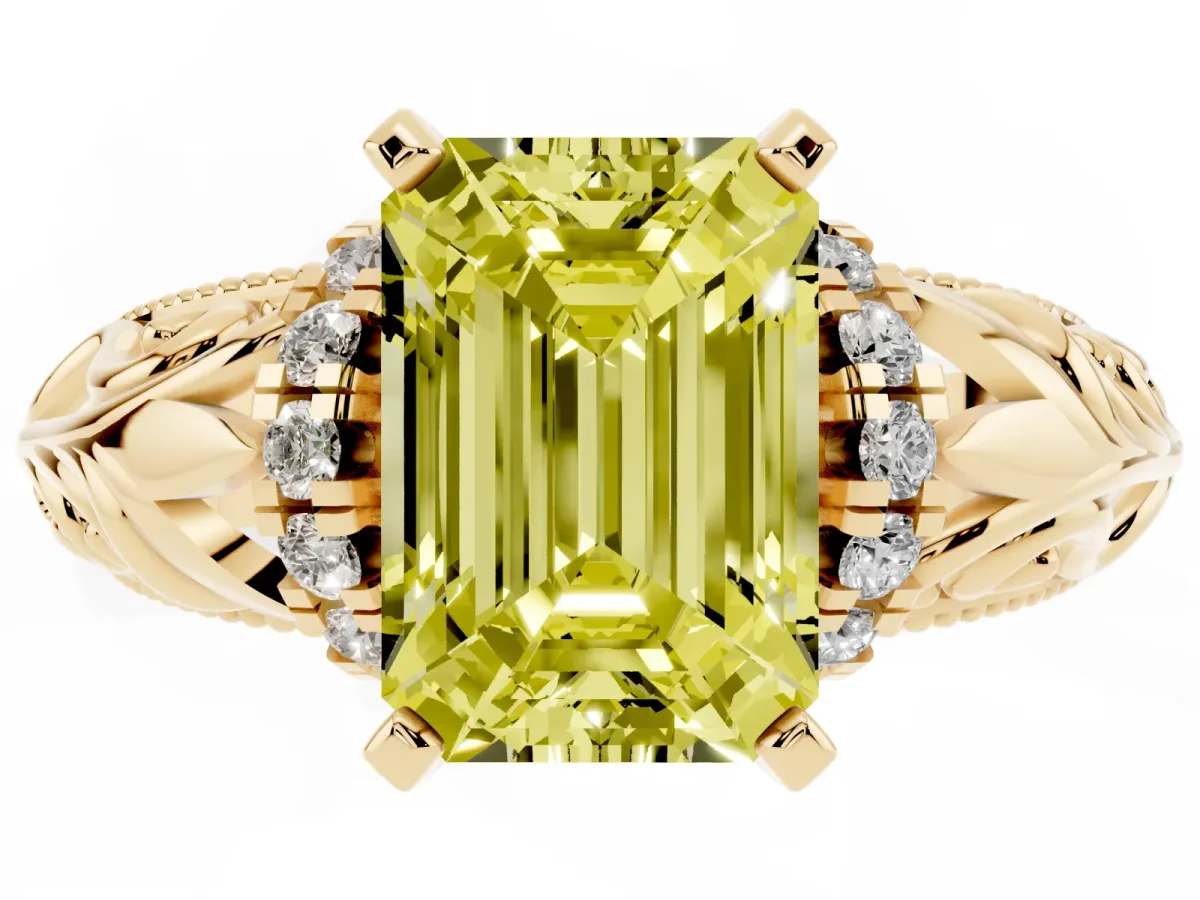 Fancy Yellow Emerald Cut Solitaire Filigree Engagement Ring with Halo and Prong Setting Yellow gold