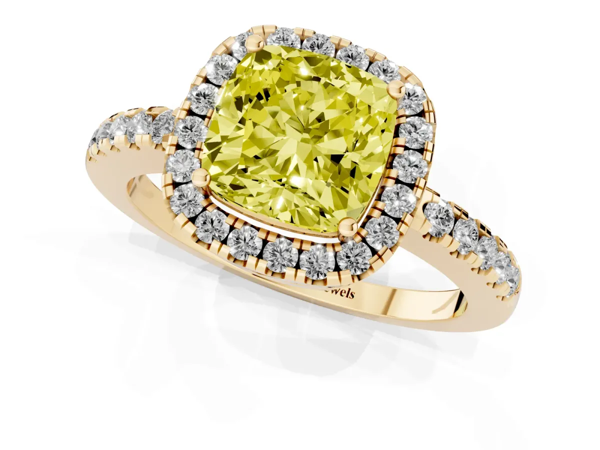 Fancy Yellow Cushion Cut Halo Diamond Engagement Ring with Pavé Band and Four-Prong Setting Yellow gold