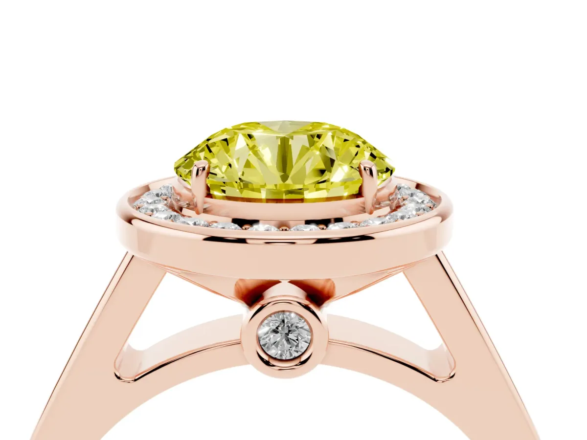 Fancy Yellow Round Cut Halo Solitaire Diamond Ring with Pave Band and Bezel Setting Rose gold