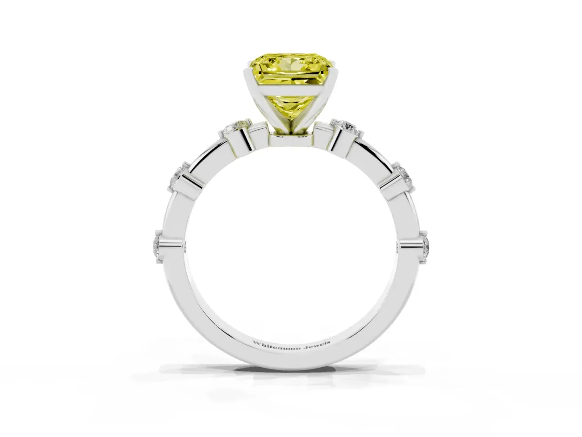 Fancy Yellow Princess Cut Solitaire Diamond Ring with Bezel Set Side Stones and Prong Setting Silver