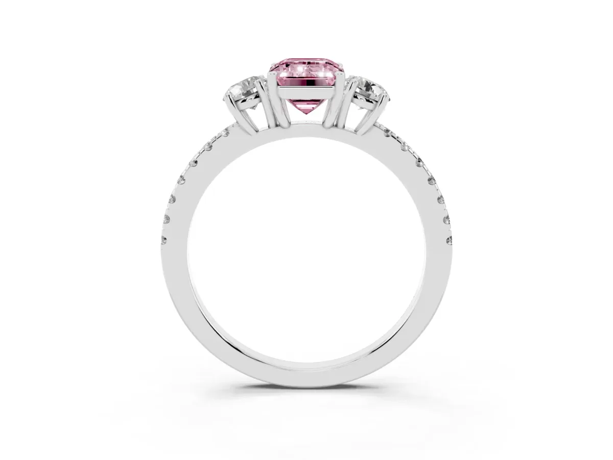 Fancy Pink Three-Stone Emerald Cut Cut Diamond Pavé Band with Prong Setting Silver