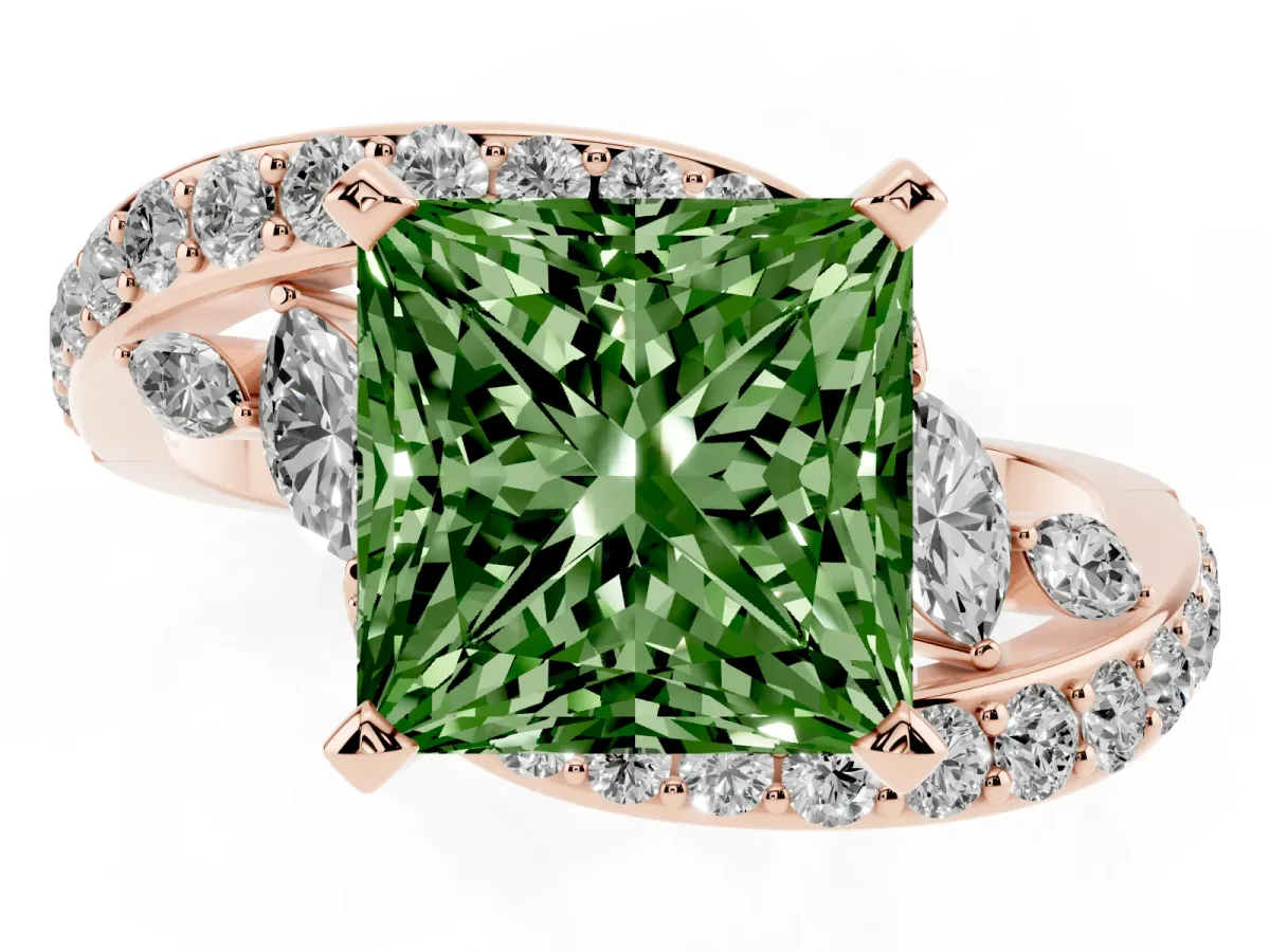Fancy Green Princess Cut Solitaire with Pavé Twist Band and Four-Prong Setting Rose gold