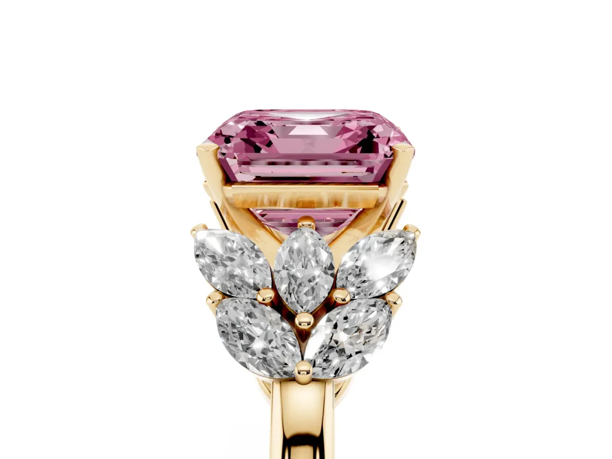 Fancy Pink Asscher Cut Diamond Cluster Leaf Design Ring with Prong Setting Yellow gold