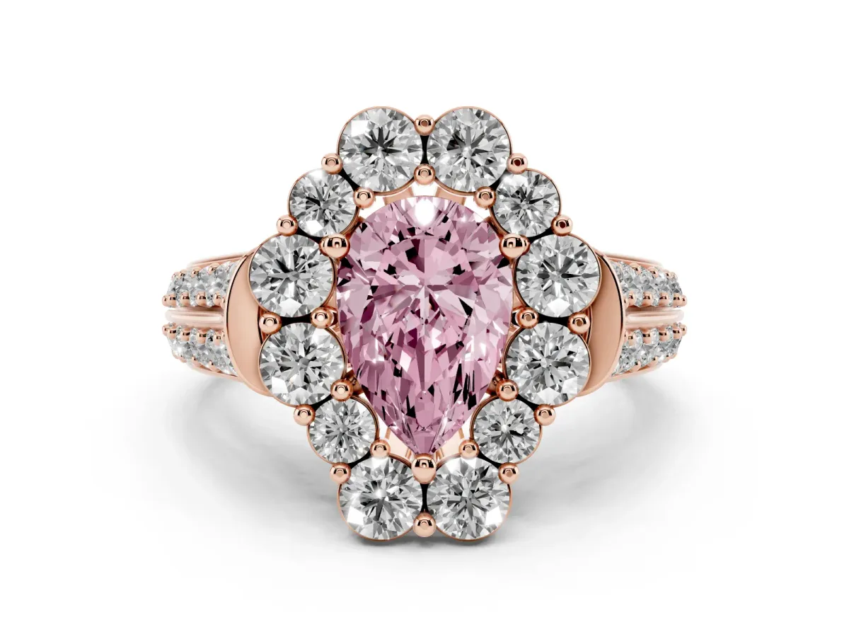 Fancy Pink Pear Cut Halo Diamond Engagement Ring with Split Shank and Prong Setting Rose gold
