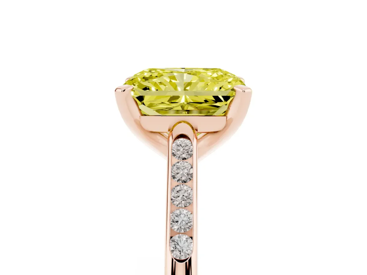 Fancy Yellow Radiant Cut Diamond Solitaire Ring with Channel Set Round Band and Prong Setting Rose gold
