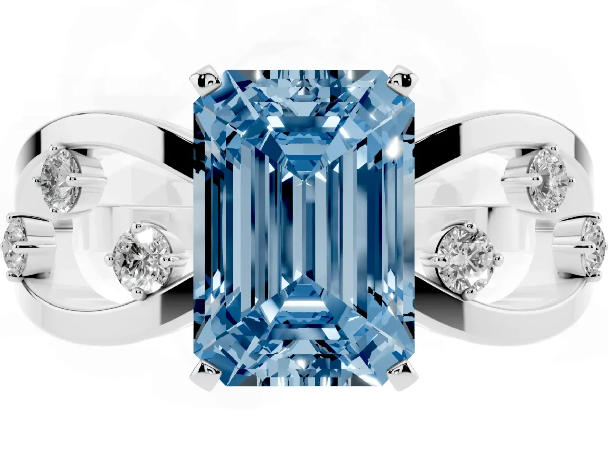 Fancy Blue Emerald Cut Cut Solitaire Diamond with Side Stones on Criss-Cross Band and Four-Prong Setting Platinum