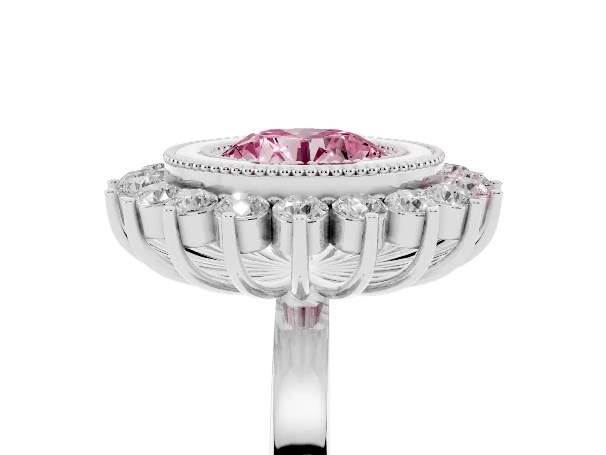 Fancy Pink Round Cut Halo Diamond Ring with Milgrain Edge and Round Prong Setting Silver