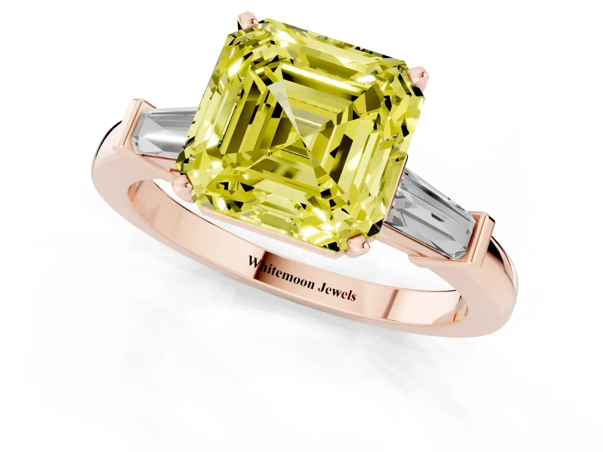 Fancy Yellow Asscher Cut Cut Diamond Solitaire Ring with Tapered Baguette Accents and Four-Prong Setting Rose gold