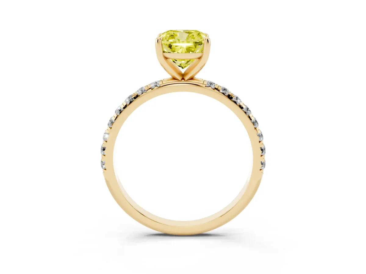 Fancy Yellow Cushion Cut Cut Diamond Solitaire Ring with Micro Pave Band and Four Prong Setting Yellow gold