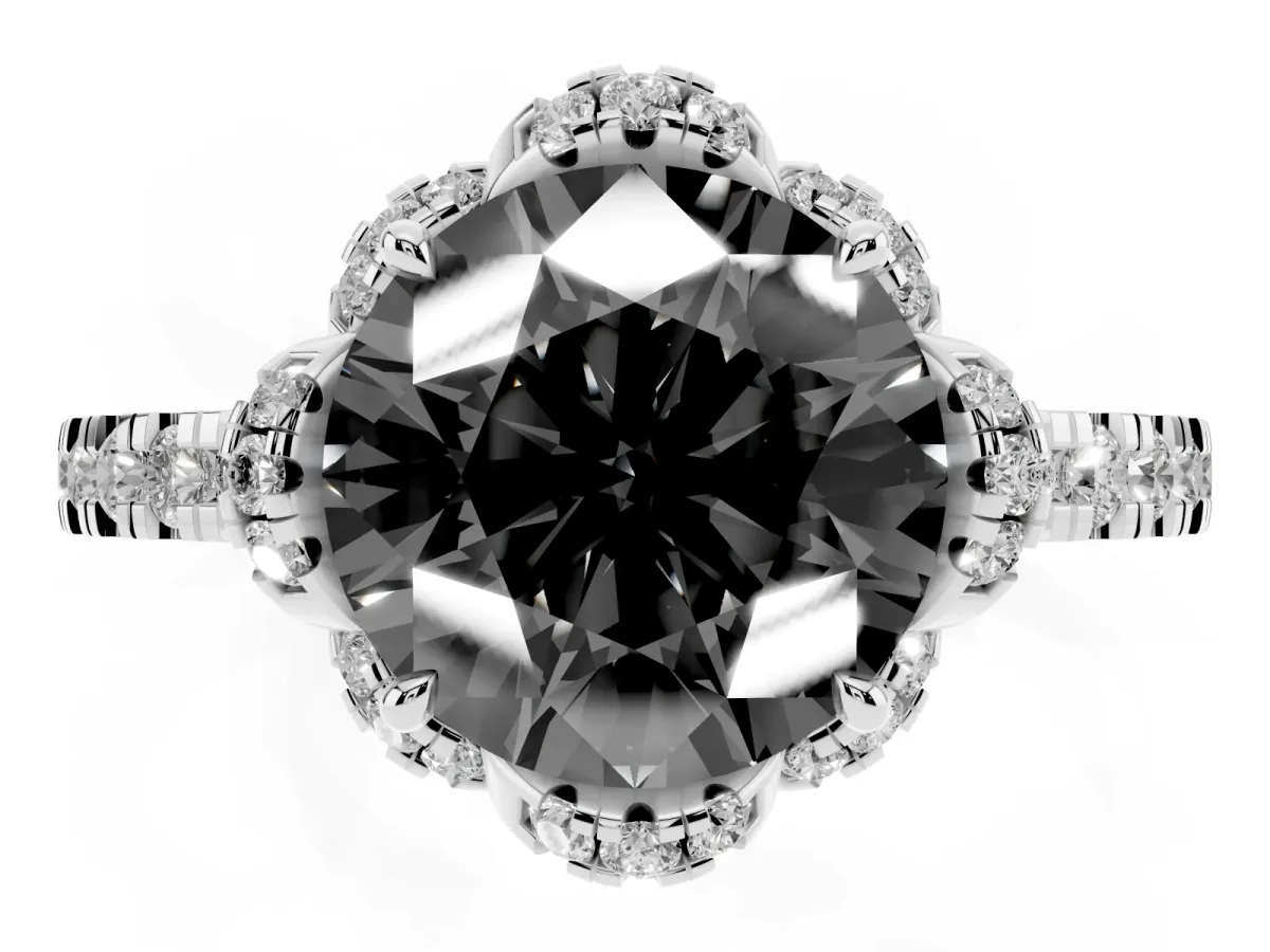 Fancy Black Round Cut Diamond Halo Pave Band with Four-Prong Setting White gold