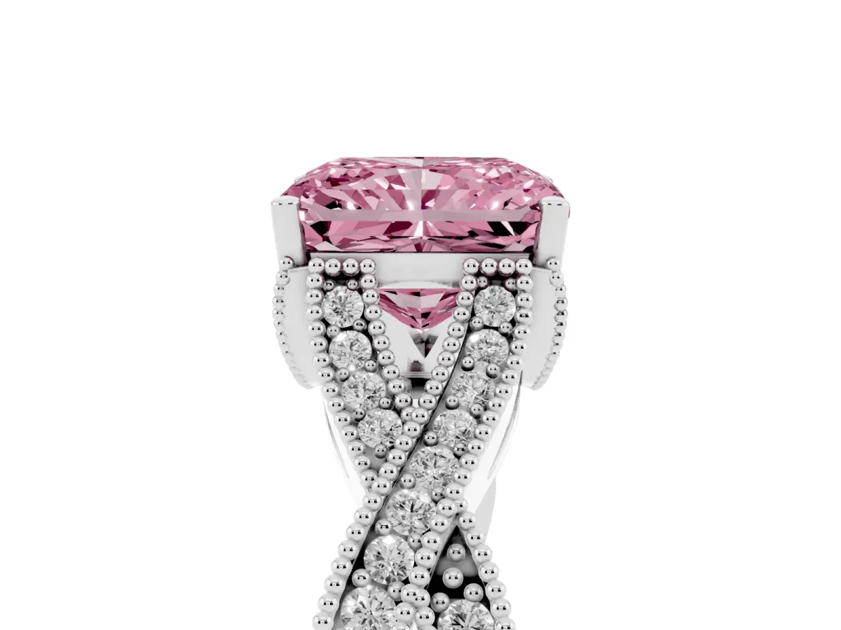 Fancy Pink Radiant Cut Cut Diamond Twisted Band with Milgrain Pave Setting and Four-Prong Setting White gold