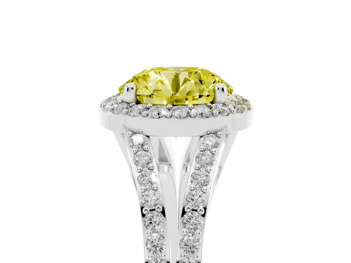 Fancy Yellow Round Cut Halo Split Shank Diamond Ring with Prong Setting Silver