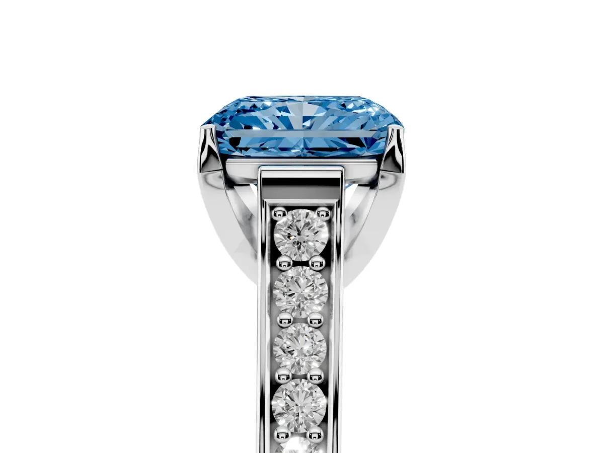 Fancy Blue Radiant Cut Brilliant Cut Diamond Engagement Ring with Pavé Band and Four-Prong Setting White gold