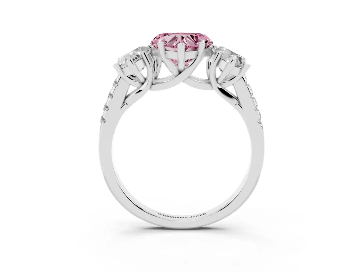 Fancy Pink Three-Stone Heart Cut Diamond Ring with Round Pavé Band and Prong Setting Silver