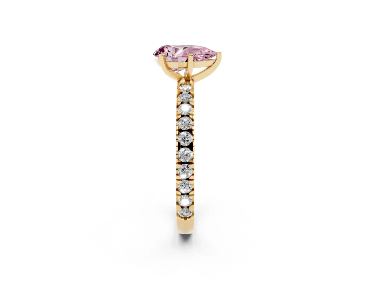 Fancy Pink Pear Cut Diamond Pavé Band Solitaire with Four-Prong Setting Yellow gold