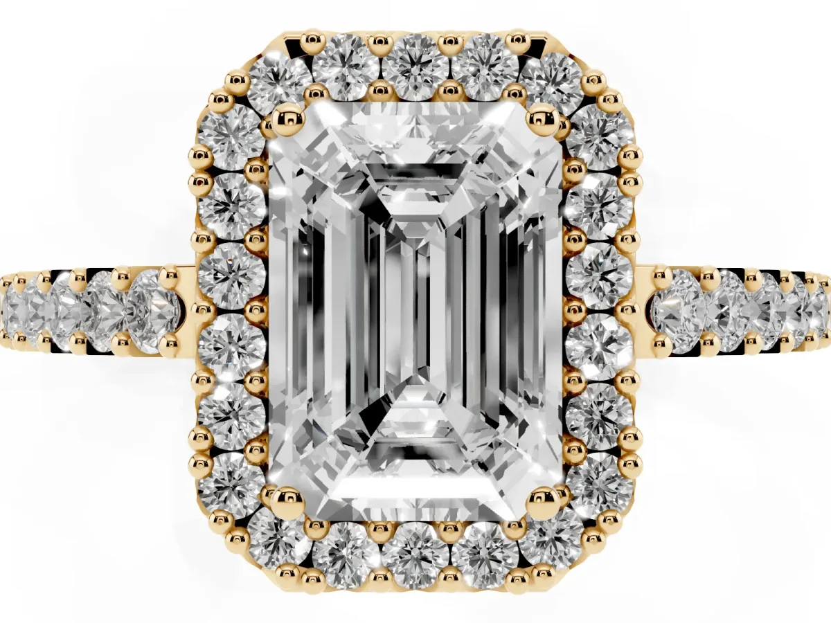 Emerald Cut Halo Diamond Pavé Solitaire Ring Yellow gold
