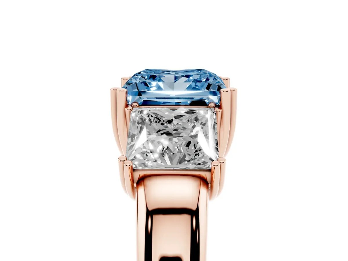 Fancy Blue Three-Stone Princess Cut Cut Diamond Ring with Channel Set Band and Four-Prong Setting Rose gold
