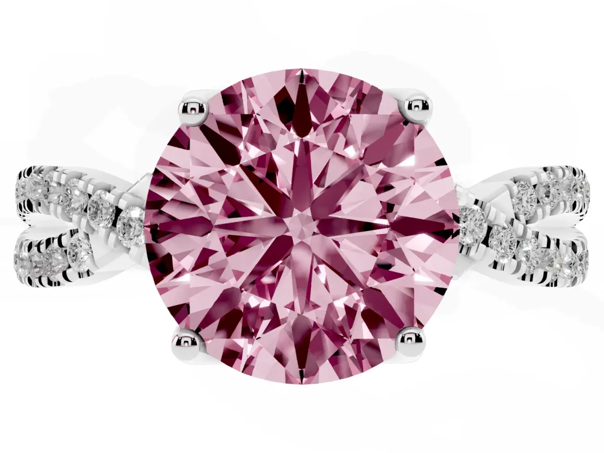 Fancy Pink Round Cut Solitaire Twist Pave Diamond Engagement Ring with Prong Setting Silver