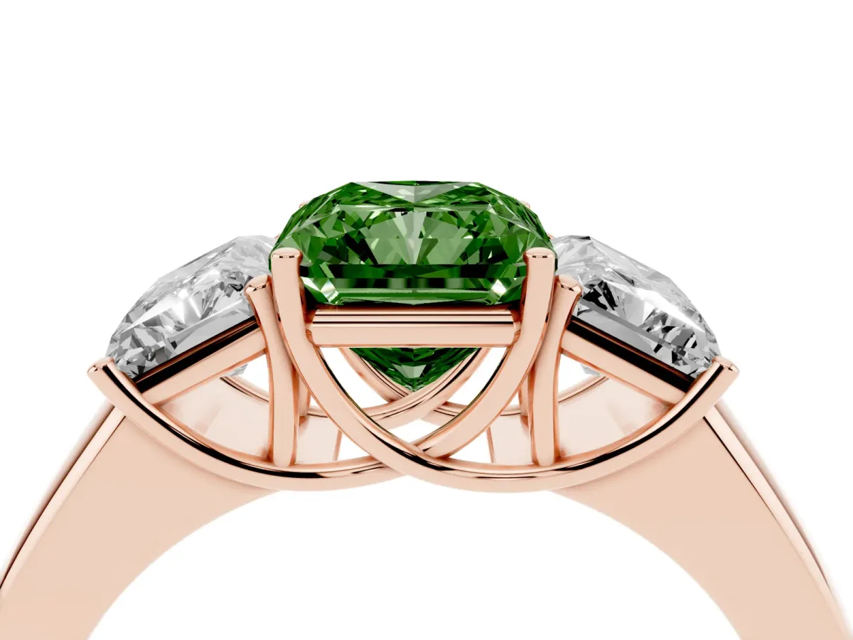 Fancy Green Three-Stone Radiant Cut Cut Diamond Ring with Prong Setting and Classic Band Rose gold