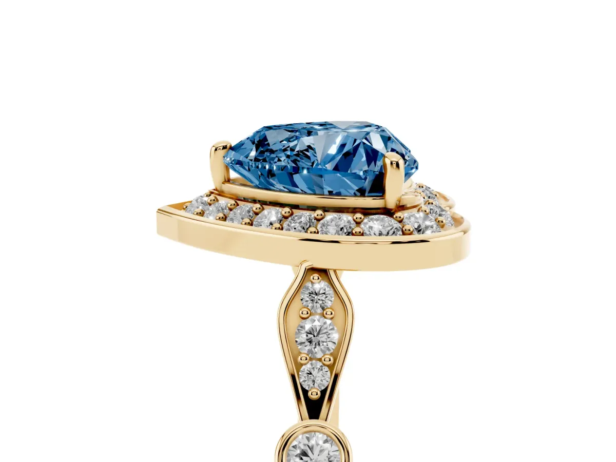 Fancy Blue Heart Cut Halo Diamond Engagement Ring with Twisted Band and Four-Prong Setting Yellow gold