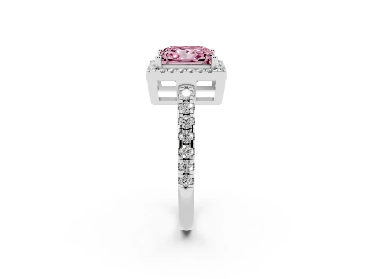 Fancy Pink Princess Cut Diamond Halo Ring with Pavé Band and Four-Prong Setting Platinum