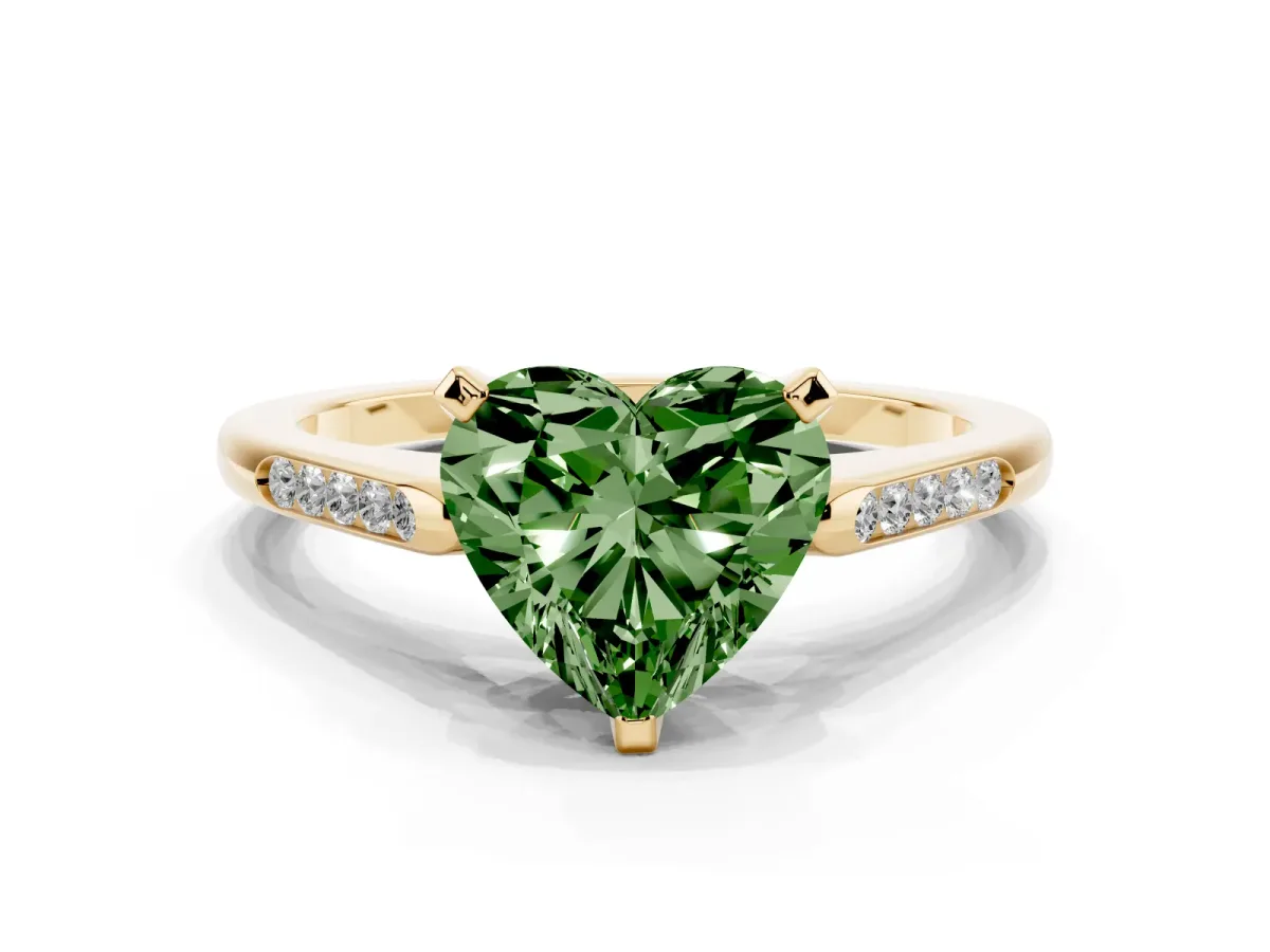 Fancy Green Heart Cut Diamond Solitaire Ring with Channel Set Round Band and Prong Setting Yellow gold