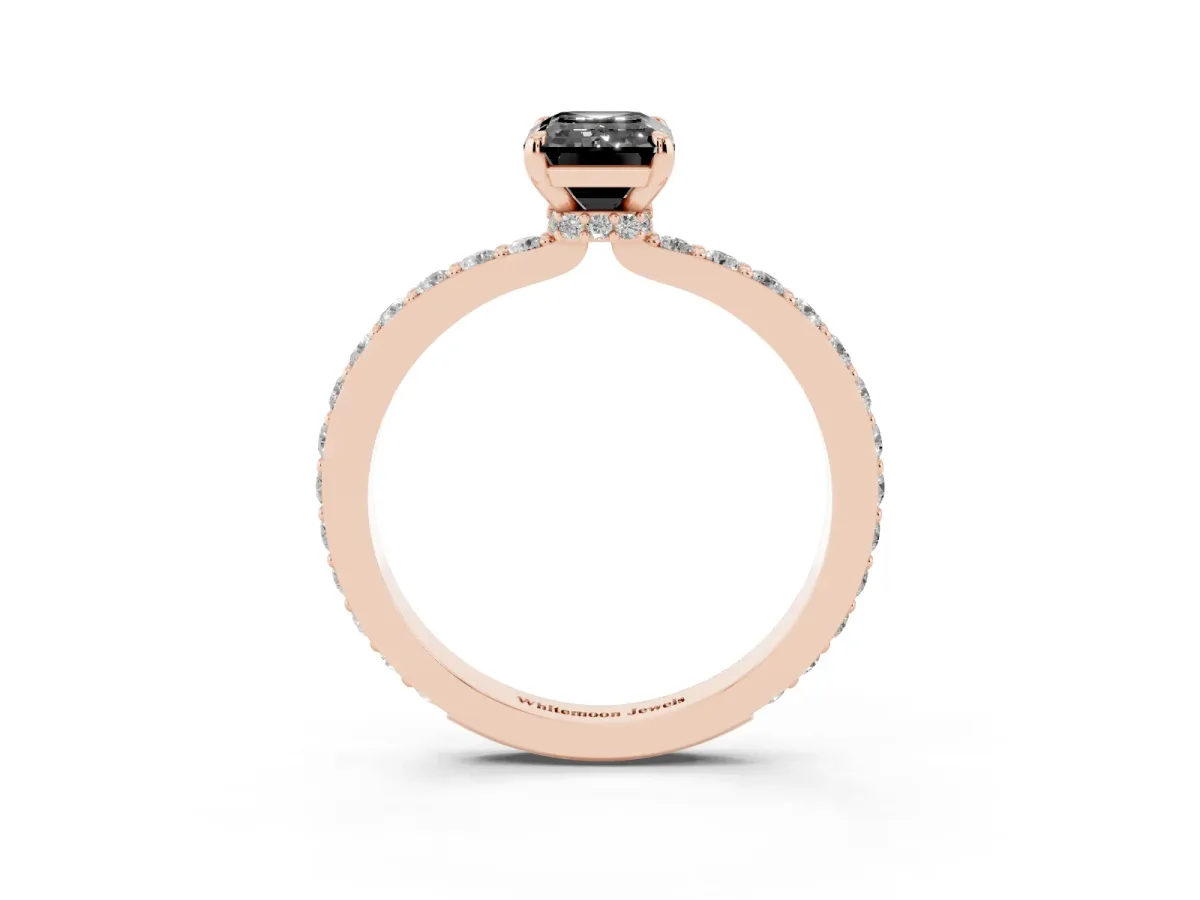 Fancy Black Emerald Cut Diamond Pavé Engagement Ring with Round Accents and Prong Setting Rose gold