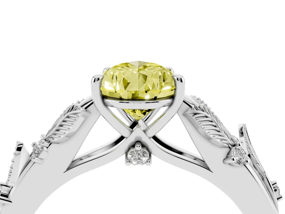 Fancy Yellow Pear Cut Diamond Solitaire Ring with Leaf Motif Band and Four-Prong Setting Silver
