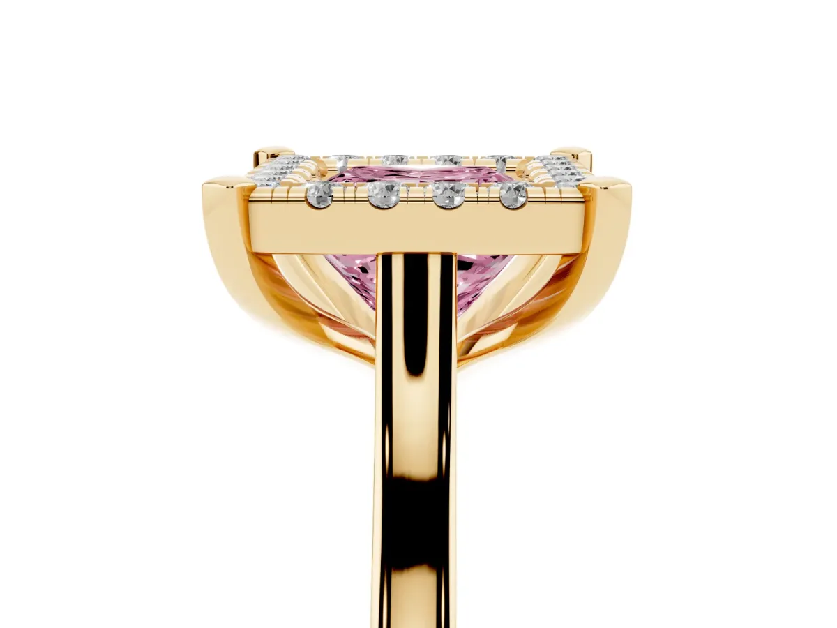 Fancy Pink Princess Cut Diamond Cluster Halo Solitaire with Four-Prong Setting Yellow gold
