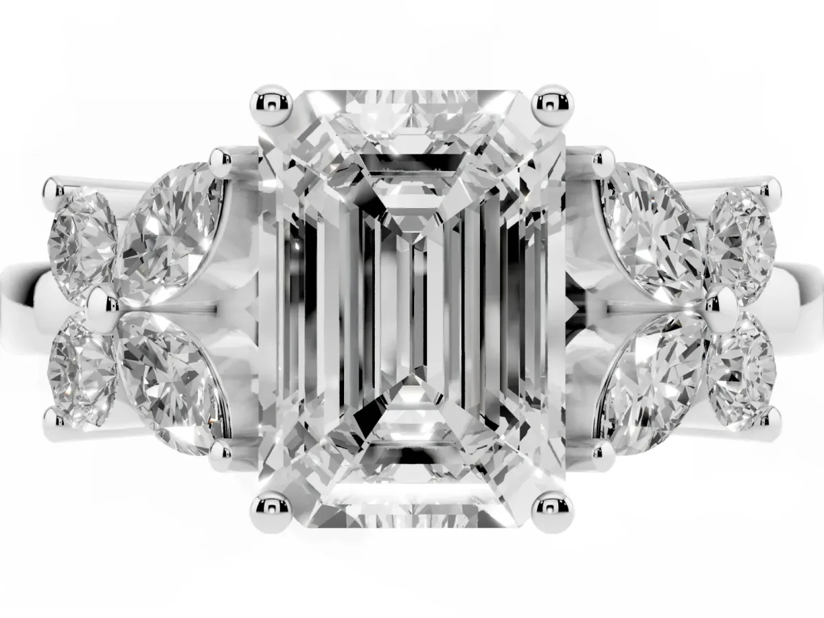 Emerald Cut Diamond Floral Cluster Ring with Solitaire Band and Prong Setting Silver