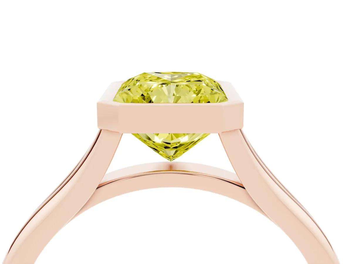 Fancy Yellow Bezel Set Radiant Cut Cut Solitaire Ring with Tapered Band Rose gold