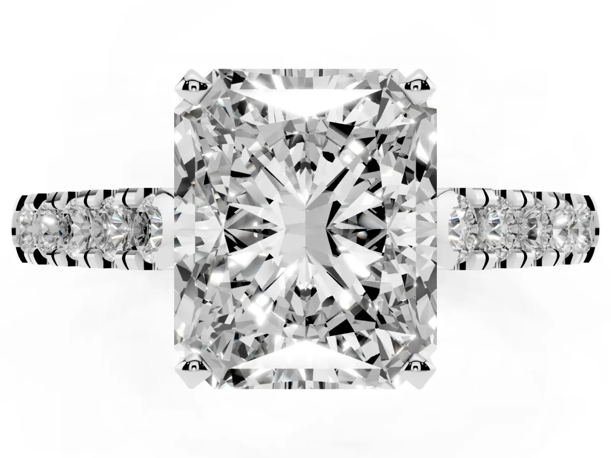 Radiant Cut Diamond Pavé Band Solitaire Ring with Prong Setting White gold