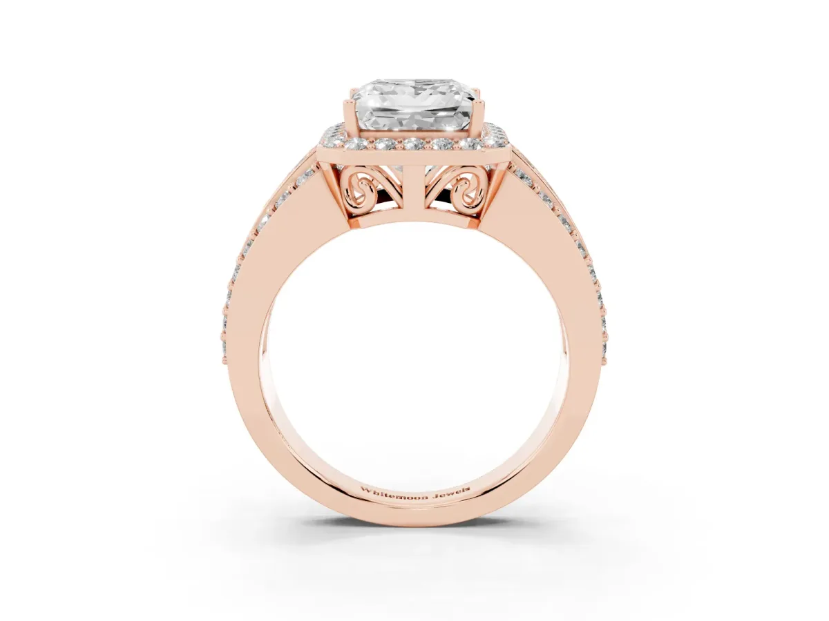 Princess Cut Halo Diamond Ring with Round Split Shank and Prong Setting Rose gold