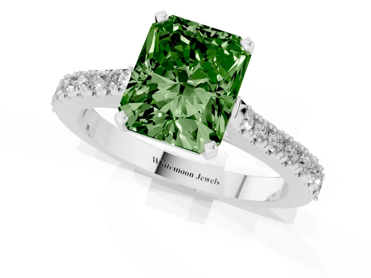 Fancy Green Radiant Cut Cut Solitaire Diamond Engagement Ring with Pave Band and Four-Prong Setting Platinum