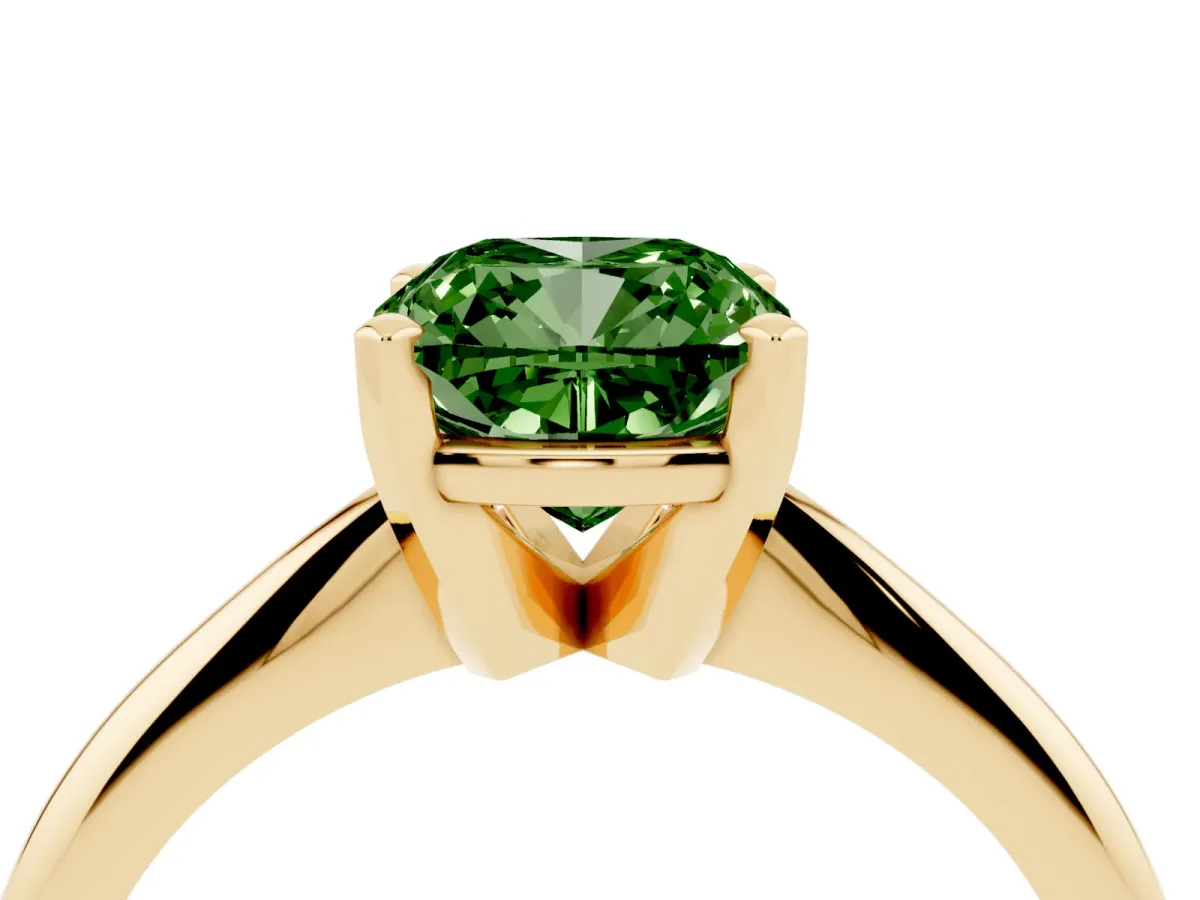 Fancy Green Cushion Cut Cut Solitaire Ring with Four-Prong Setting on a Classic Band Yellow gold