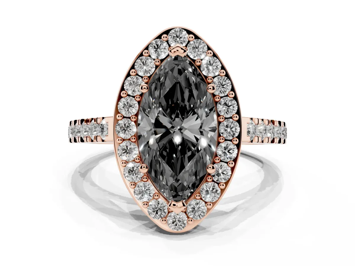 Fancy Black Marquise Cut Diamond Halo Ring with Round Pavé Split Shank and Prong Setting Rose gold