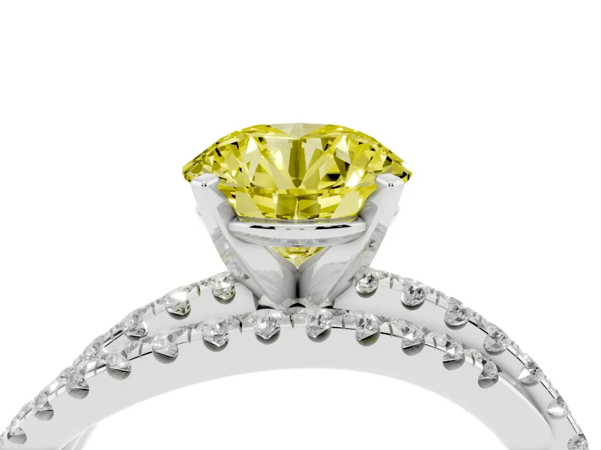 Fancy Yellow Round Cut Solitaire Twist Band with Pavé Setting and Four-Prong Setting Silver