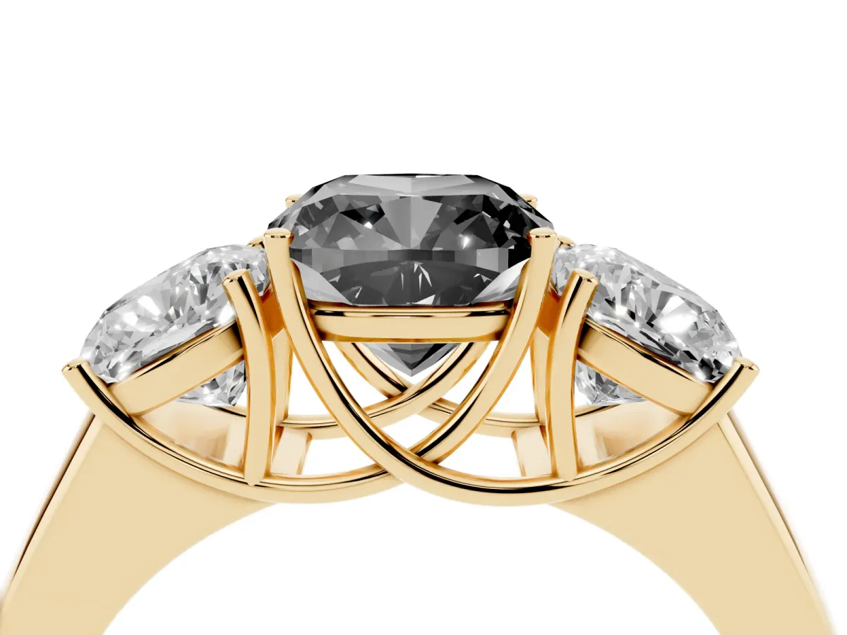 Fancy Black Three-Stone Cushion Cut Cut Diamond Ring with Prong Setting and Classic Band Yellow gold