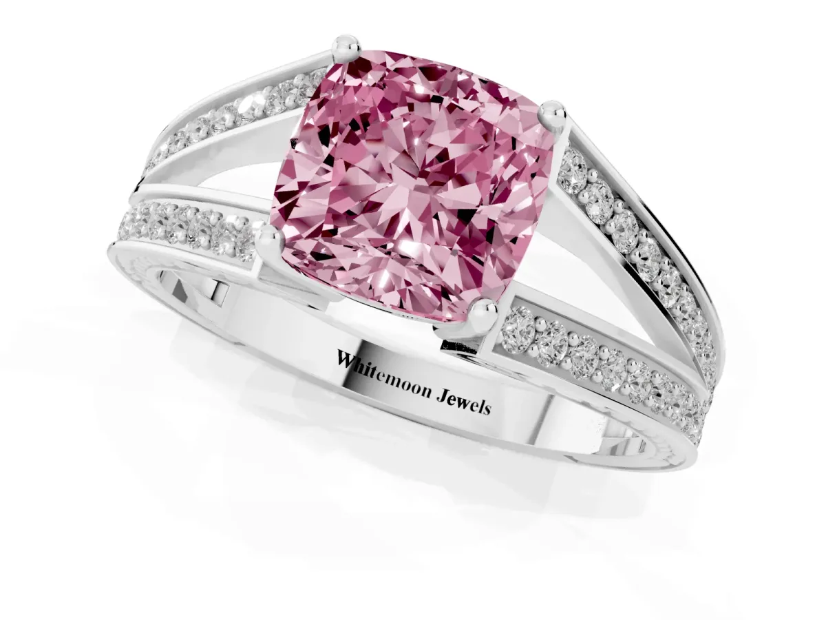 Fancy Pink Cushion Cut Diamond Split Shank Ring with Pavé Band and Four-Prong Setting Silver