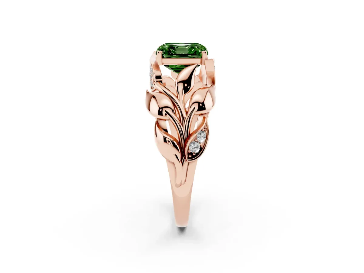 Fancy Green Asscher Cut Diamond Leaf-Inspired Engagement Ring with Round Accents and Prong Setting Rose gold