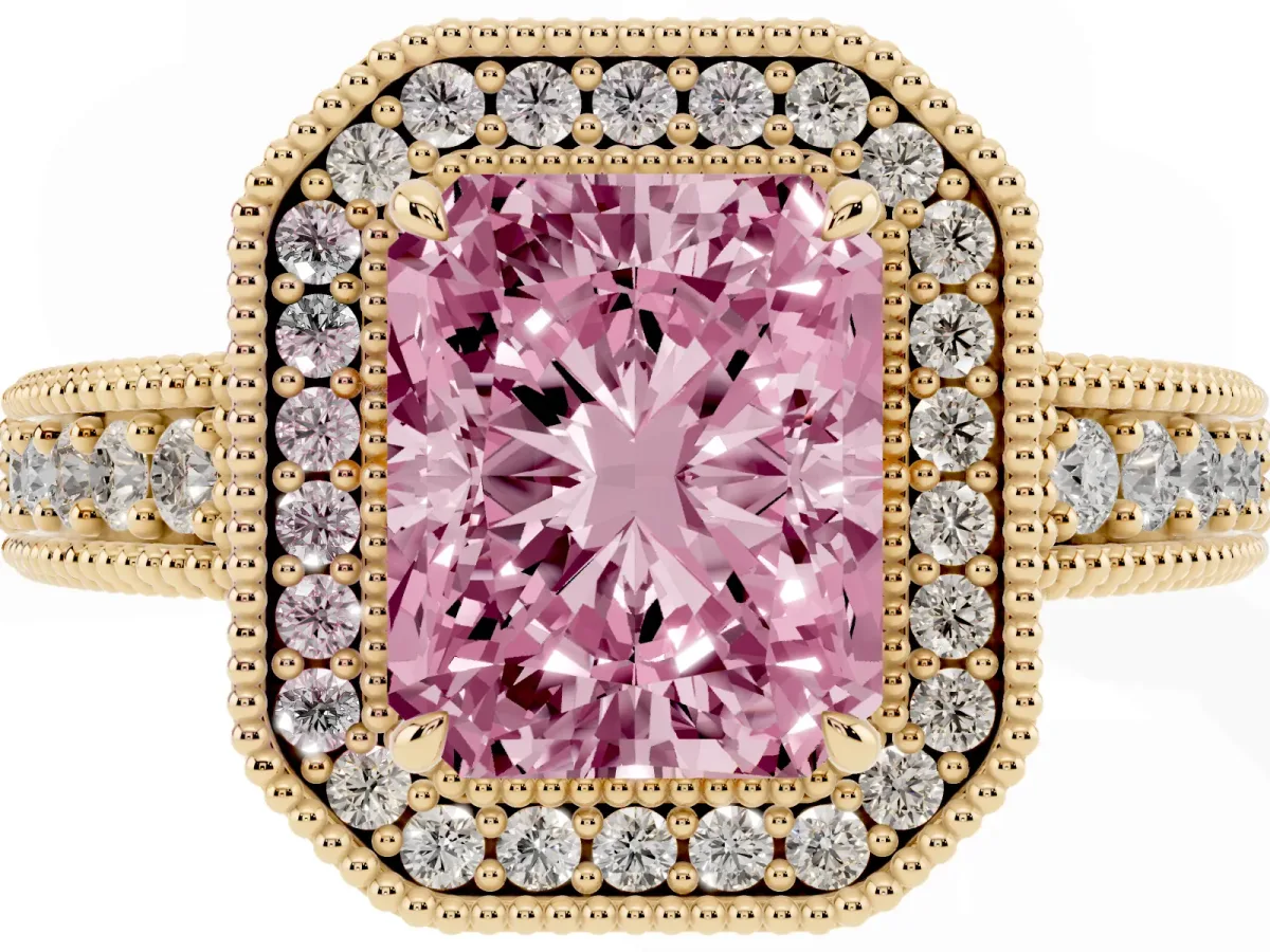Fancy Pink Radiant Cut Cut Halo Diamond Ring with Pavé Band and Four-Prong Setting Yellow gold