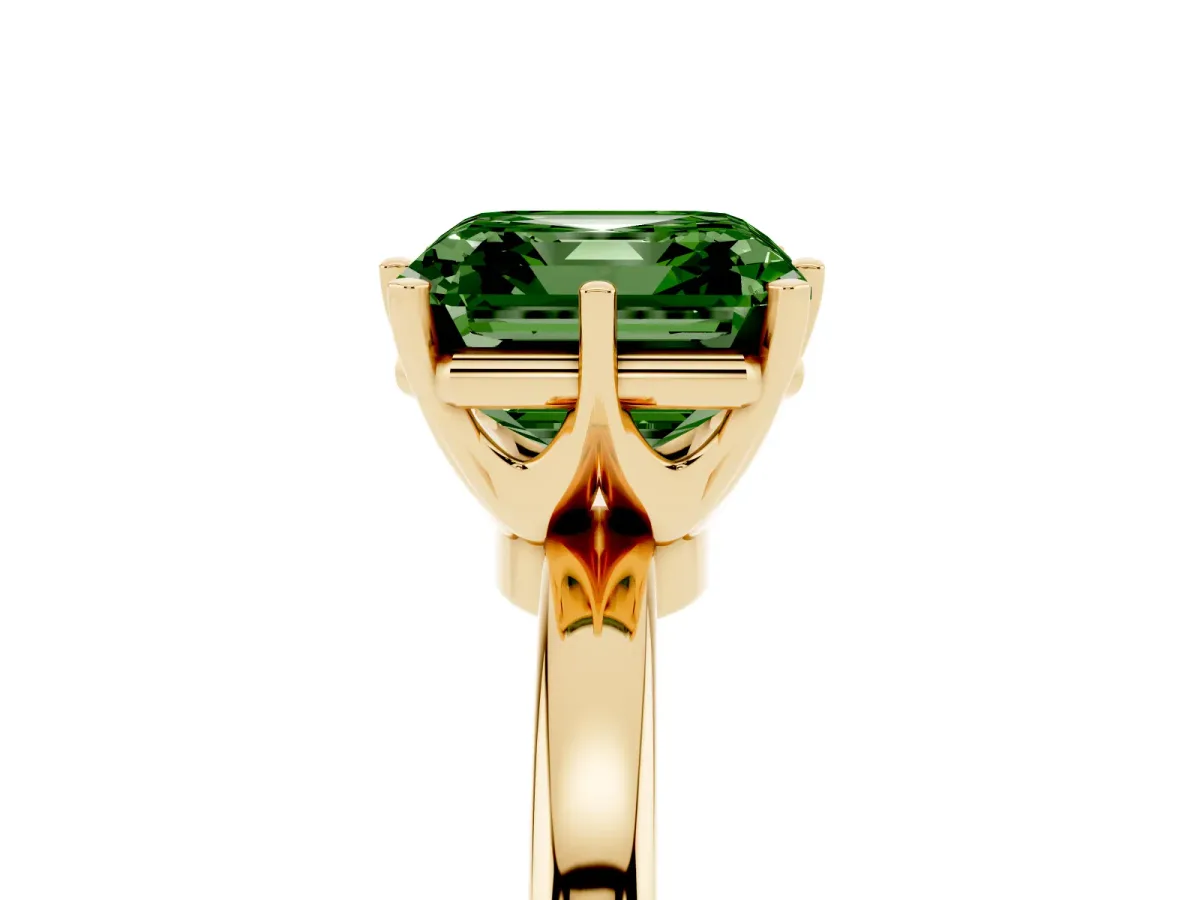 Fancy Green Asscher Cut Solitaire Diamond Ring with Six-Prong Setting on a Classic Band Yellow gold