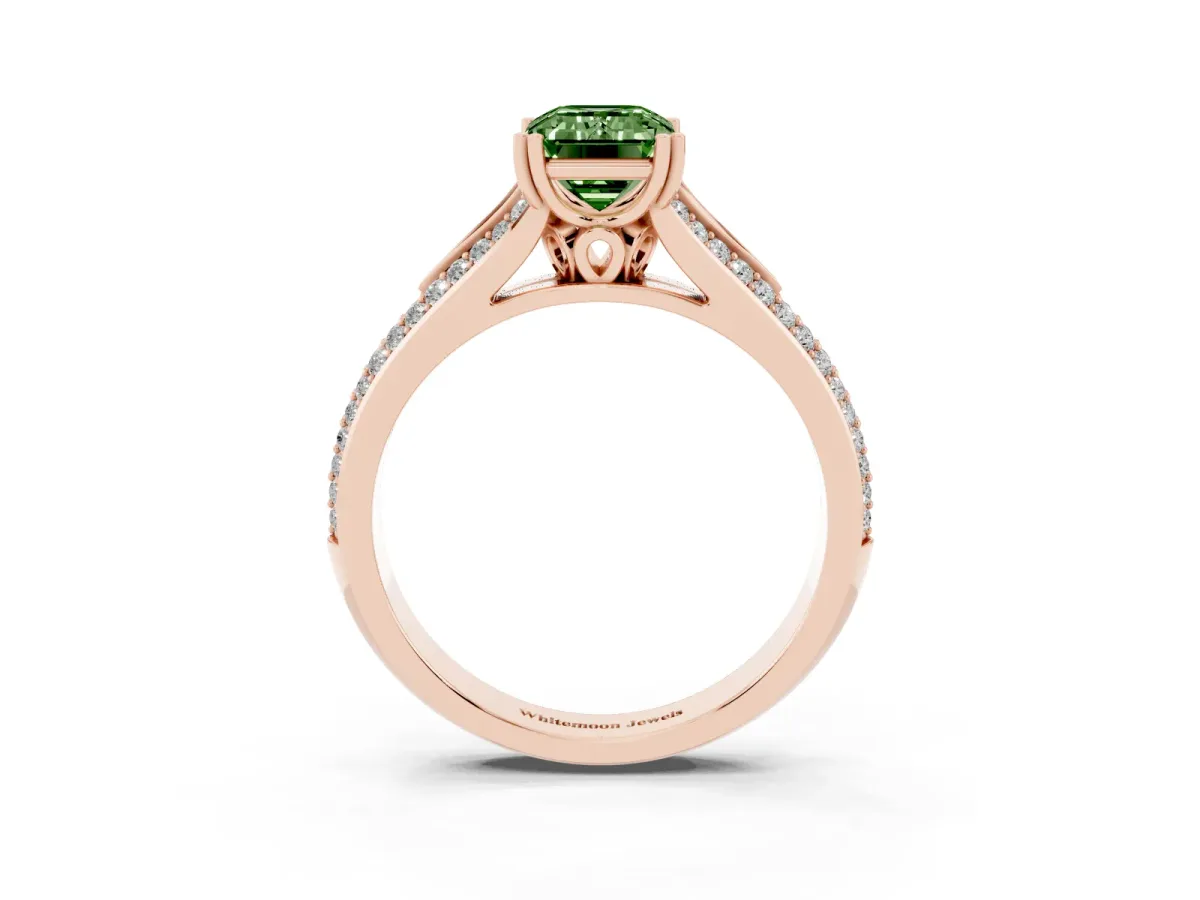 Fancy Green Emerald Cut Diamond Split Shank Engagement Ring with Pavé Band Rose gold