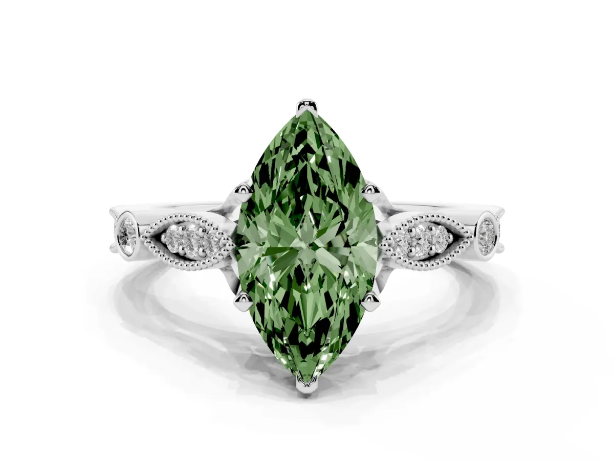 Fancy Green Marquise Cut Cut Diamond with Milgrain Marquise and Bezel Accents on a Solitaire Band with Prong Setting White gold