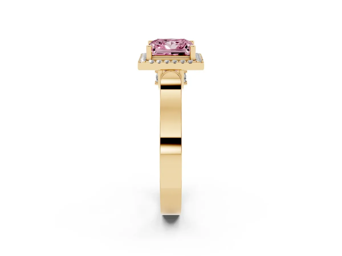 Fancy Pink Princess Cut Halo Round Diamond Twist Band with Four-Prong Setting Yellow gold