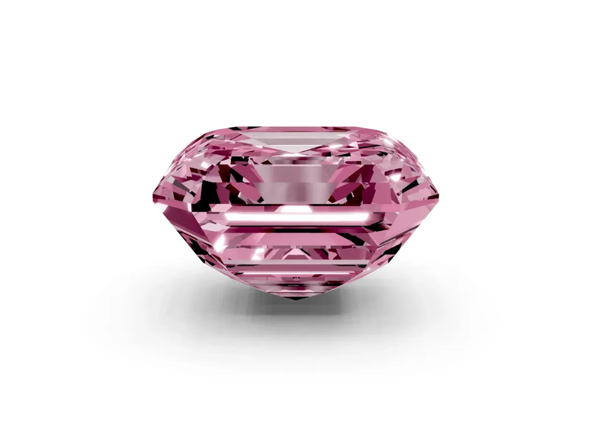 Fancy Pink Asscher Cut Halo Diamond Ring with Milgrain Edge and Round Prong Setting Yellow gold