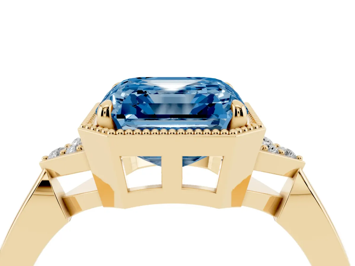 Fancy Blue Hexagonal Halo Asscher Cut Diamond Solitaire with Pavé Band and Four-Prong Setting Yellow gold